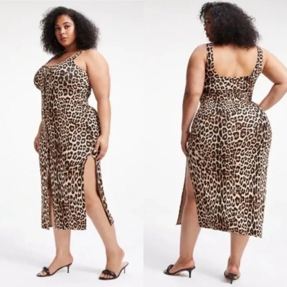 Good American Good Touch Animal Print Button Front Midi Dress in Good Leopard